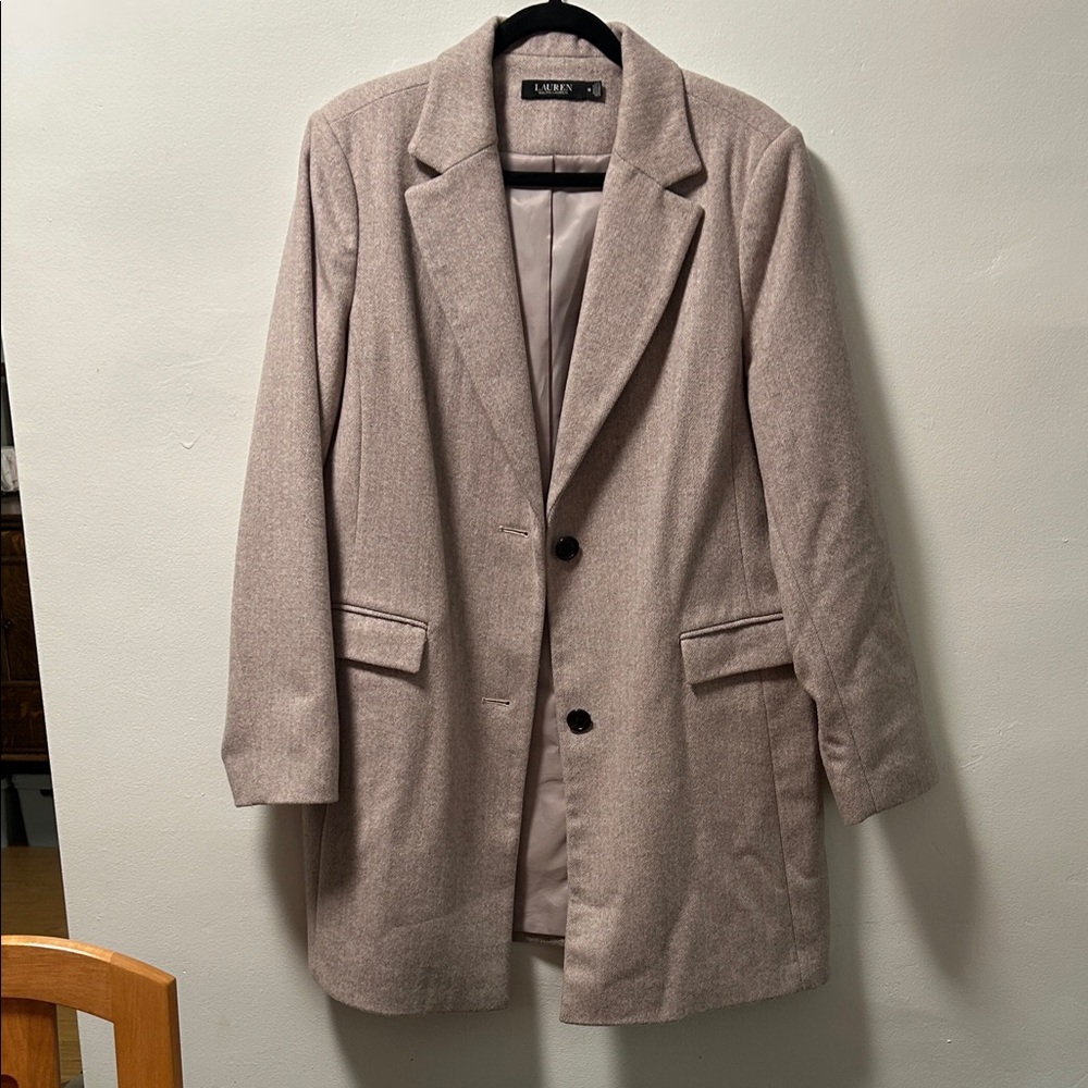 Lauren by Ralph Lauren Taupe Blazer Long Houndstooth Wool Blend Jacket